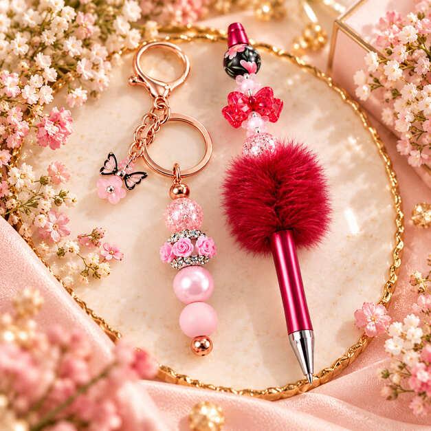 Handmade beaded keychains and decorative pen with pink charms