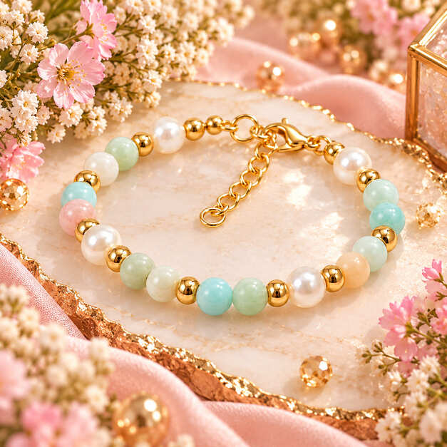 Handmade pastel beaded bracelet with gold accents and pearl beads