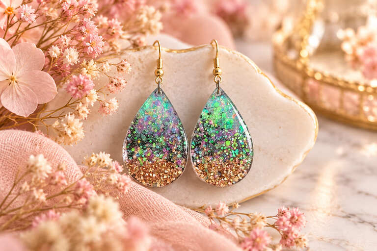 Handmade green and gold glitter resin teardrop earrings displayed with pink flowers, by Sparkling Resin Delights UK.