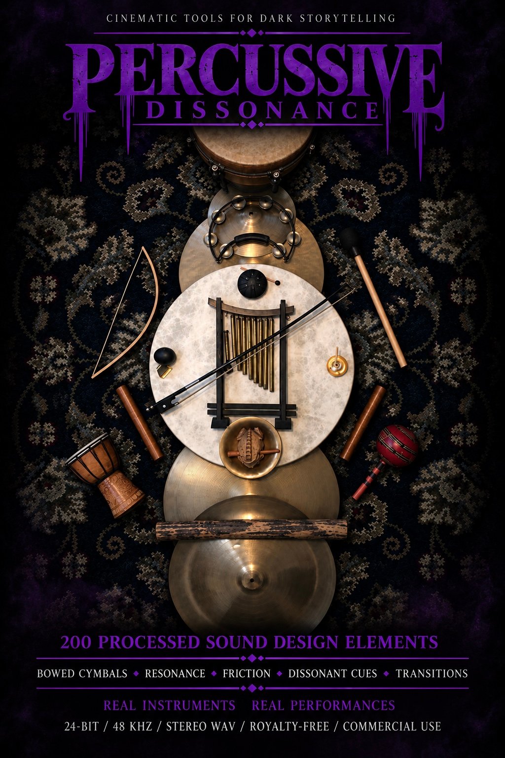 Create tension with 200 processed cinematic sound design elements from 18 real percussion sources. Built for horror, suspense, film, games, trailers, video editing and sound design with resonance, friction, bowed textures and dissonance.