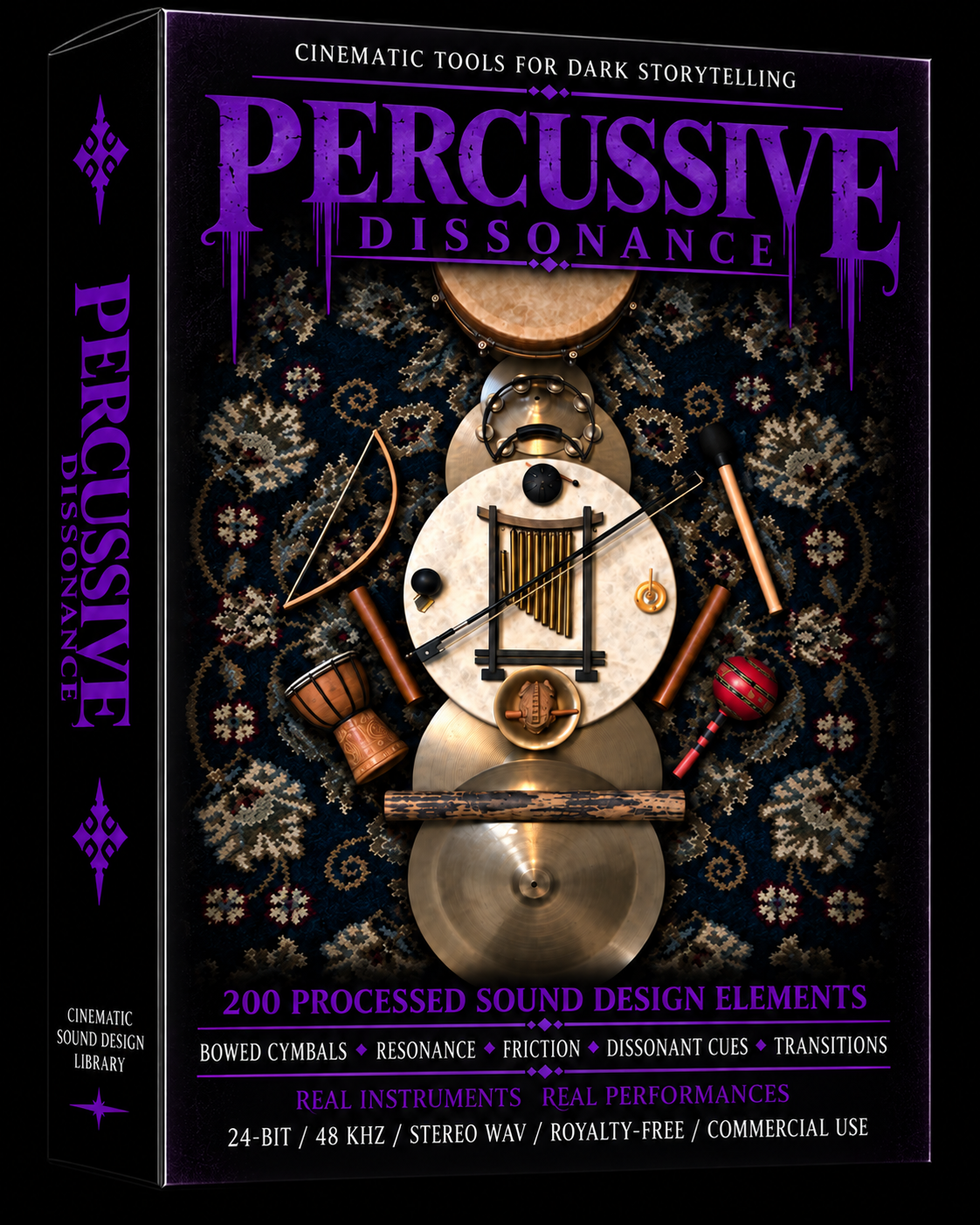 Percussive Dissonance is a 200-sound royalty-free horror and cinematic SFX library made from real percussion performances, featuring bowed cymbals, dissonance, resonance, dark frequencies, friction and transitions.