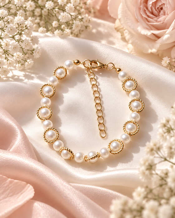 Handmade white pearl and gold bracelet displayed on blush pink satin with flowers, by Sparkling Resin Delights UK.