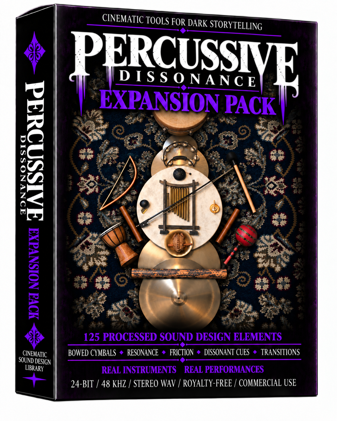 Percussive Dissonance Expansion Pack adds 125 royalty-free cinematic sound design elements with more bowed textures, resonance, friction, dissonant frequencies and transitions for filmmakers, game developers, editors and sound designers.