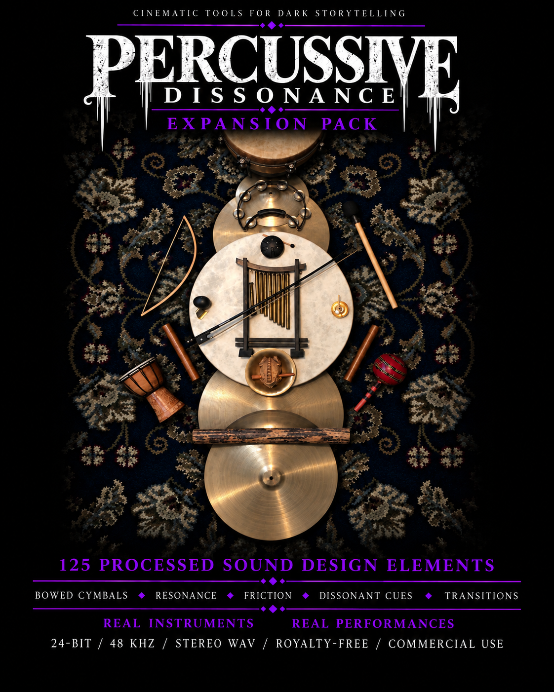 Expand Percussive Dissonance with 125 additional processed percussion sounds for horror, suspense, games, trailers and cinematic storytelling, featuring dark resonance, bowed textures, friction, dissonant cues, frequencies and atmospheric transitions.