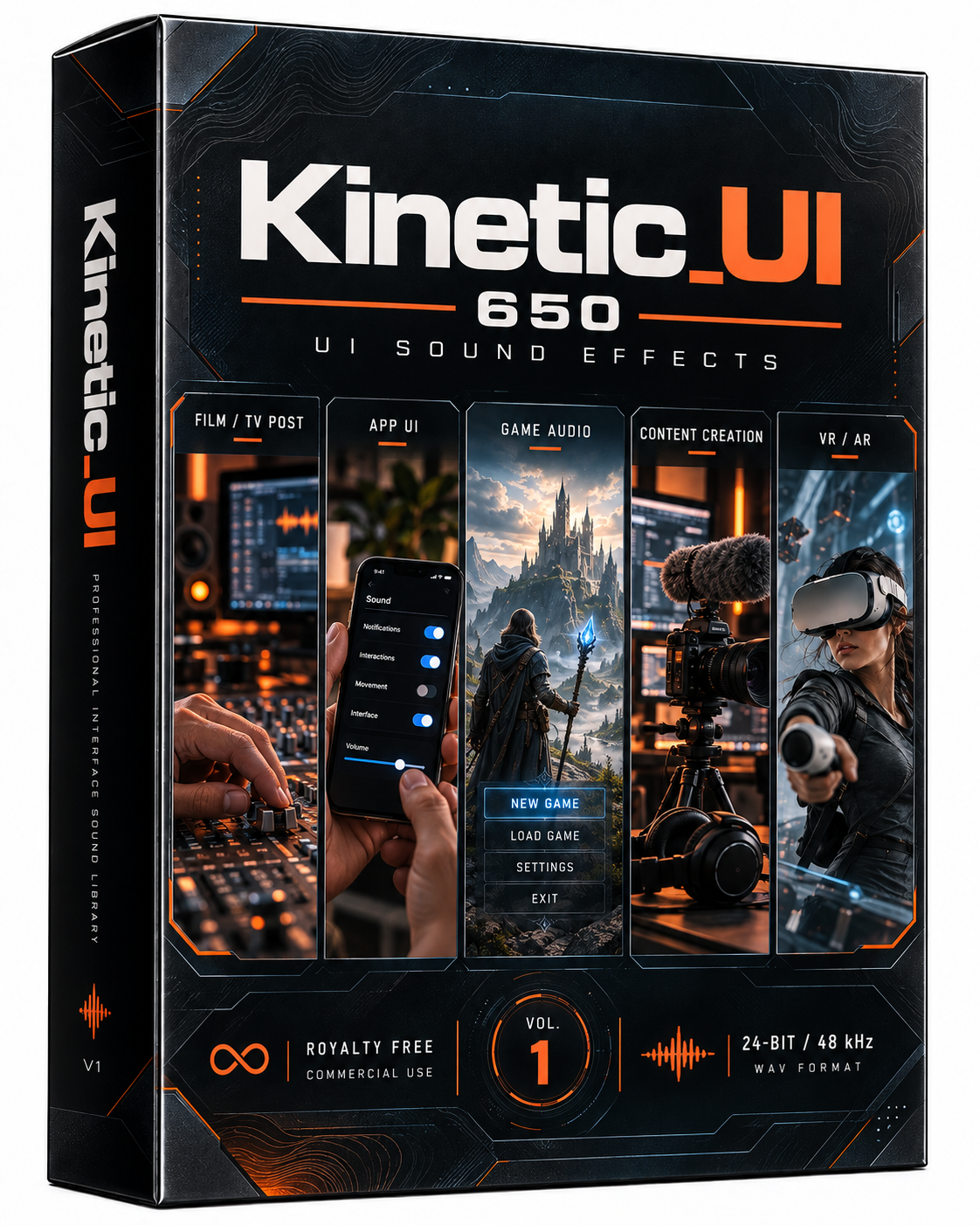 650 UI sound effects for game developers, app creators and VR designers. Includes 5 processing styles for menus, HUDs and interfaces. Royalty-free.