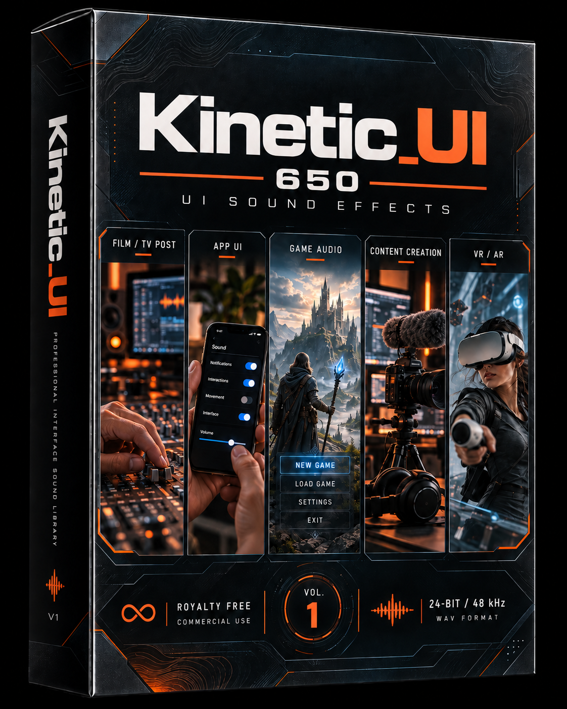 Kinetic_UI v1 - 650 UI Sound Effects for game, app and VR projects. Clean to cinematic processing styles. Suitable for HUDs, menus and interactive interfaces. Royalty-free.