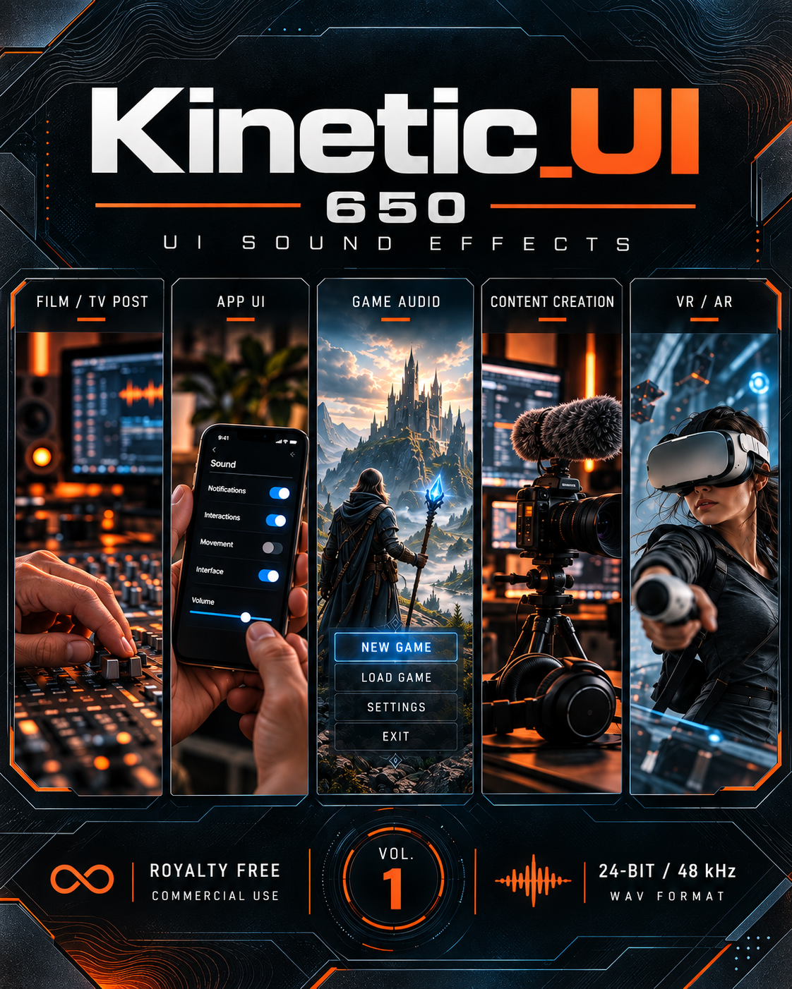 Kinetic_UI v1 provides 650 responsive UI sounds for developers and designers working on games, apps, VR and film. Five distinct styles. Unlimited commercial use.