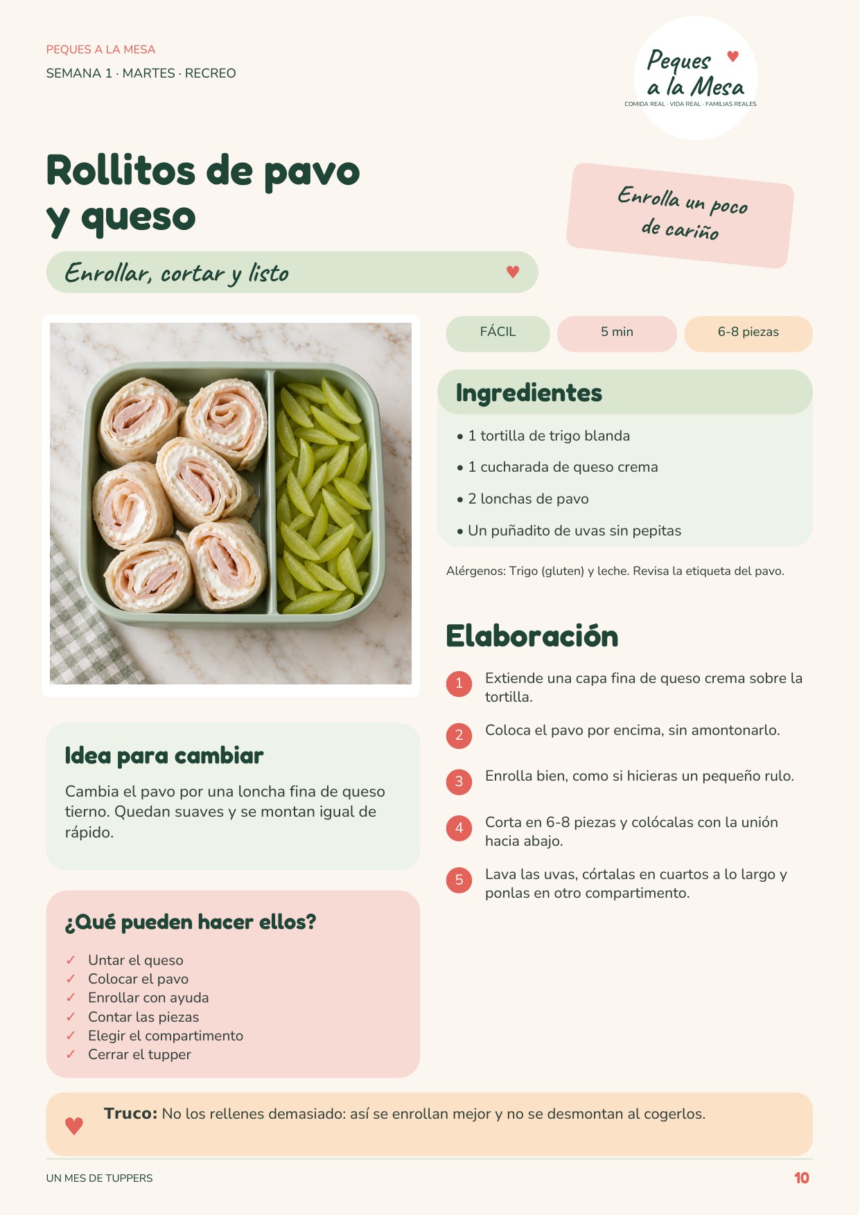 Ficha de receta de rollitos de pavo y queso para el tupper del cole