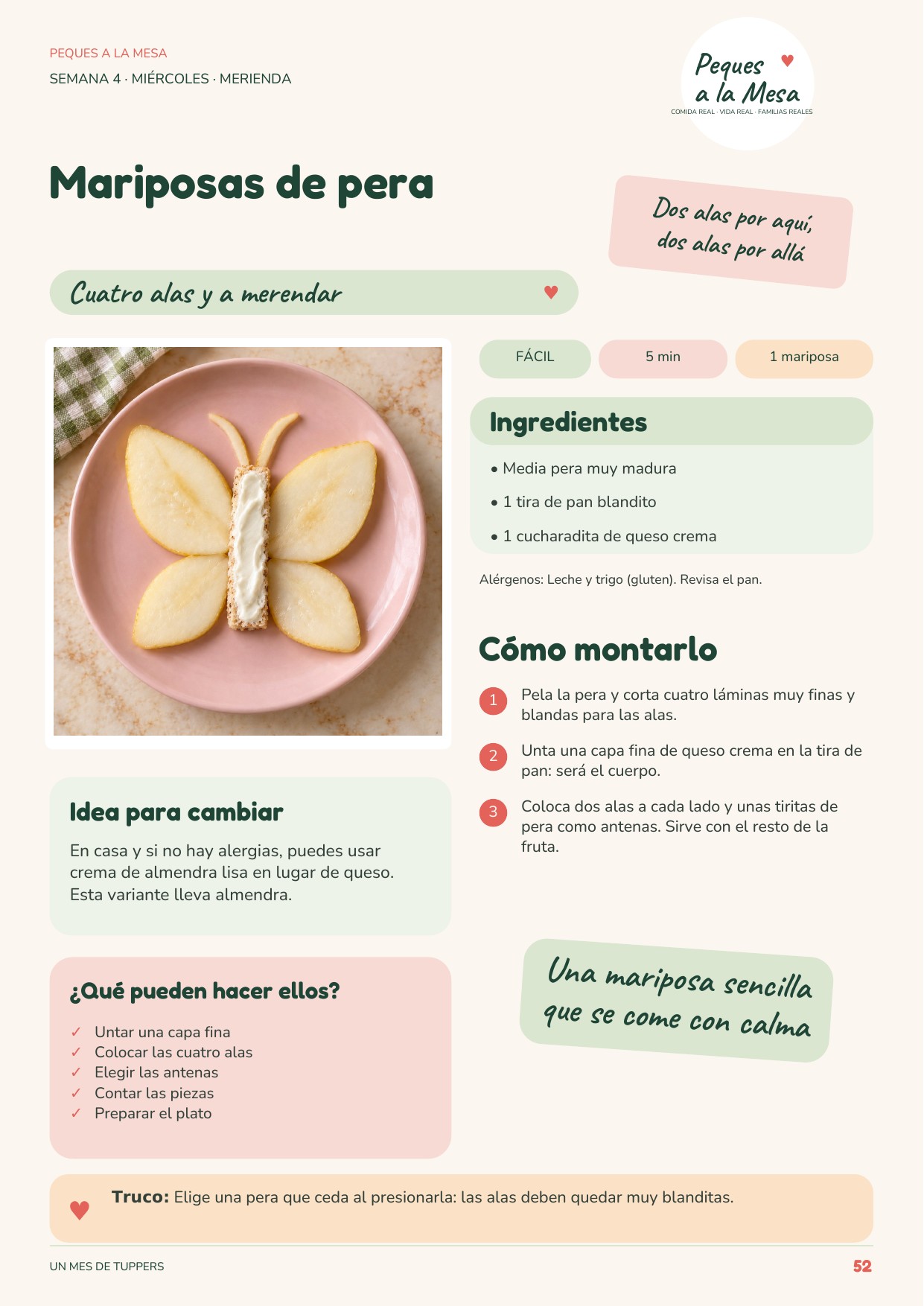 Merienda divertida para niños: mariposa de pera con queso crema