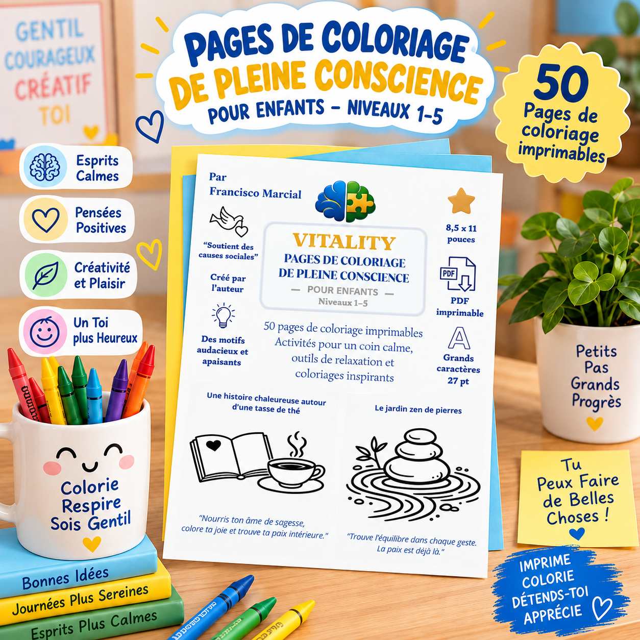 Pages de coloriage de pleine conscience pour enfants niveaux 1 à 5 – 50 pages imprimables