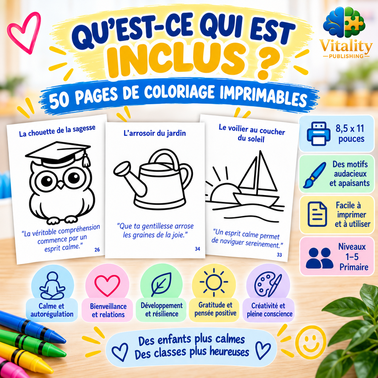50 pages de coloriage de pleine conscience imprimables pour enfants, niveaux 1 à 5, avec activités SEL et messages positifs.
