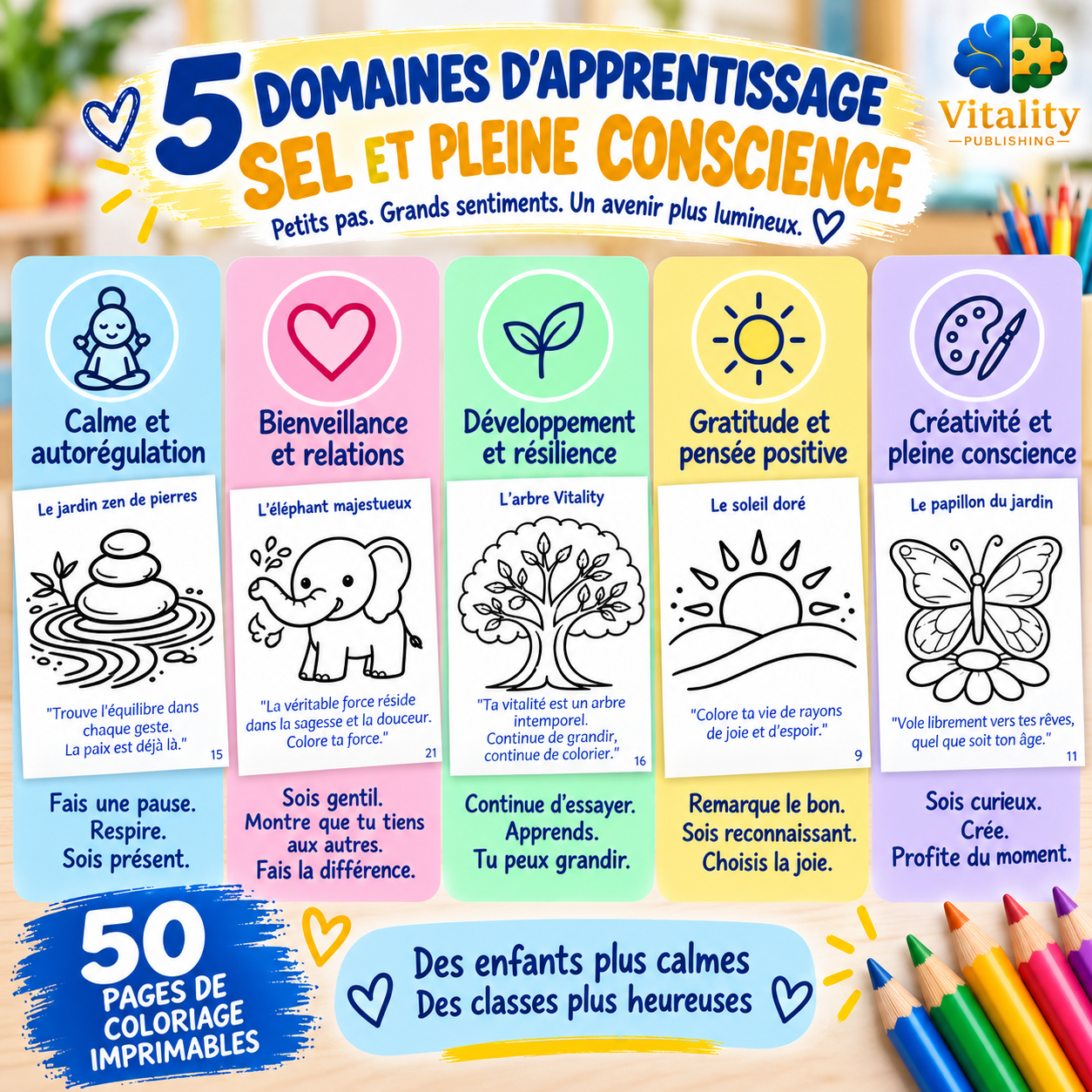 5 domaines SEL et pleine conscience pour élèves du primaire