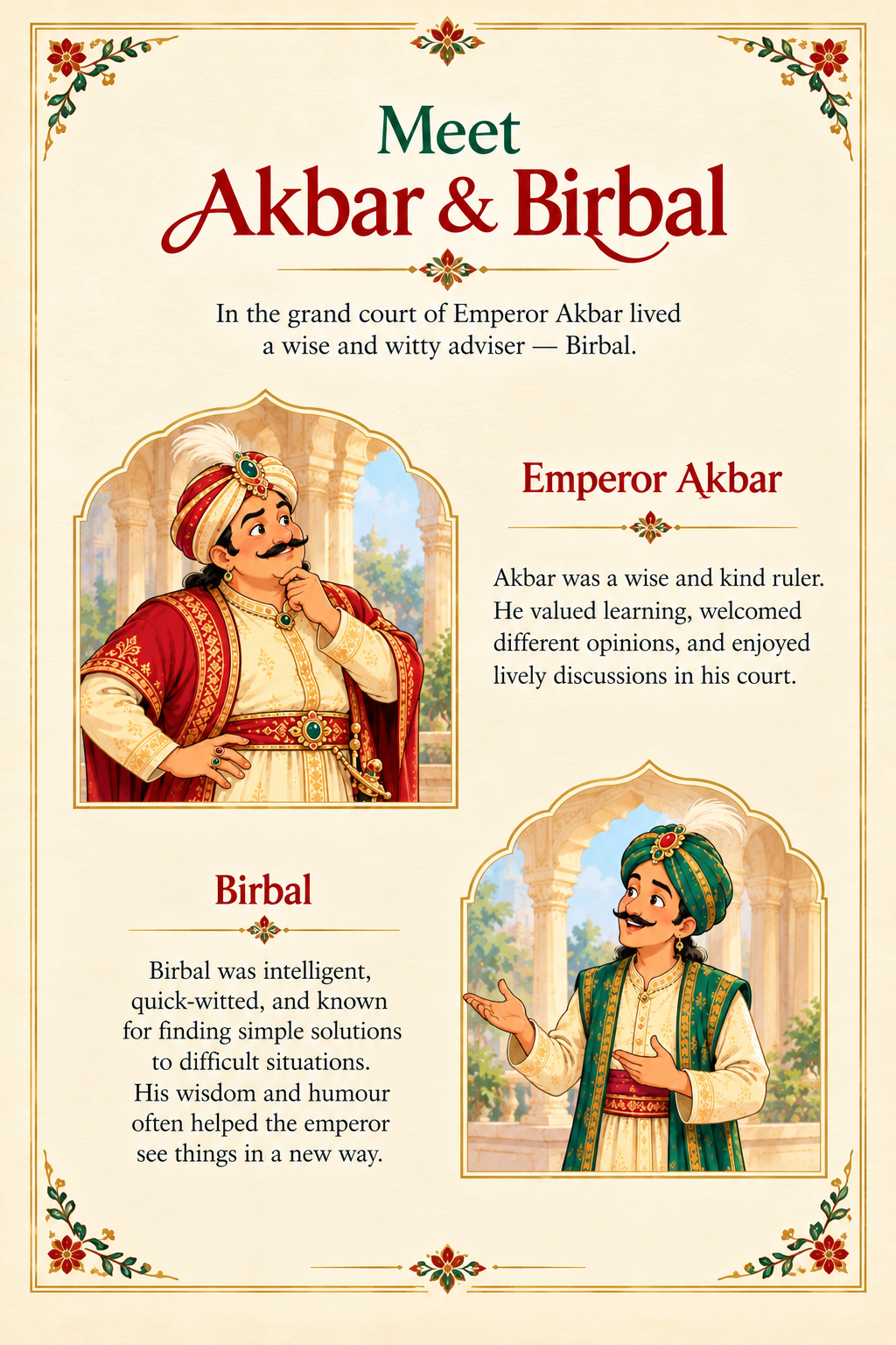 Illustrated introduction to Emperor Akbar and Birbal from The Emperor’s Disguise comic
