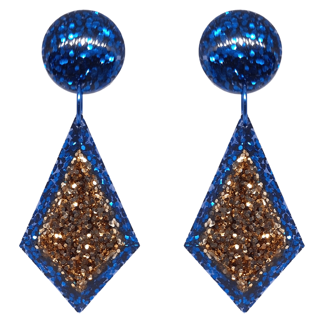 Blue Gold Glitter Diamond Glamrock Disco Studio 54 Earrings by Atomic Cat