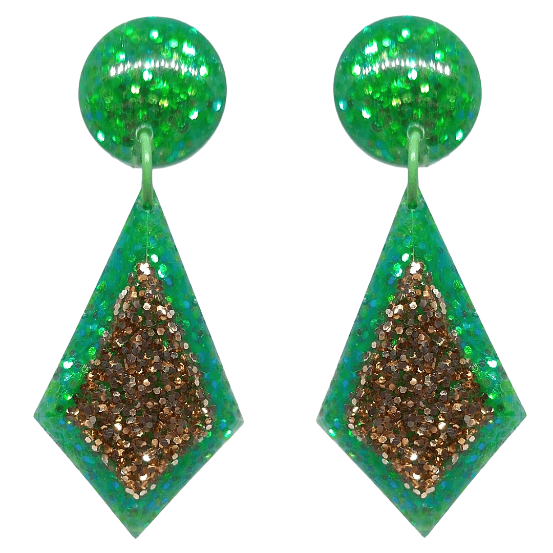 Green Gold Glitter Diamond Glamrock Disco Studio 54 Earrings by Atomic Cat