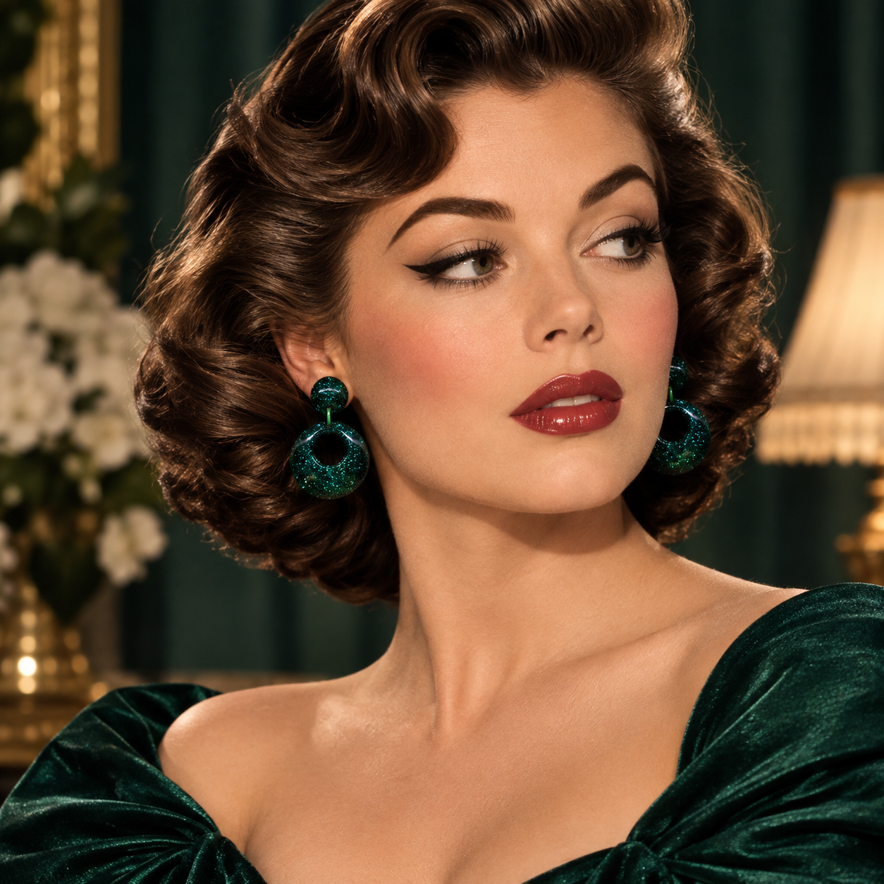Glitter Hoop Retro 1950's Pinup Style Earrings Green by Atomic Cat