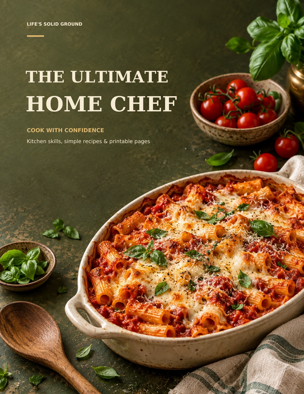 The Ultimate Home Chef cover featuring baked ziti with basil, tomatoes, and a wooden spoon on a deep olive tabletop.