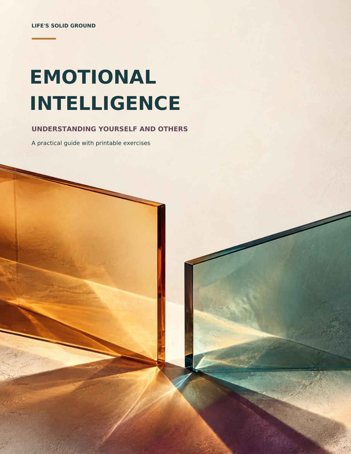 Emotional Intelligence guide cover with amber and teal glass panels casting overlapping colored shadows on a cream background.