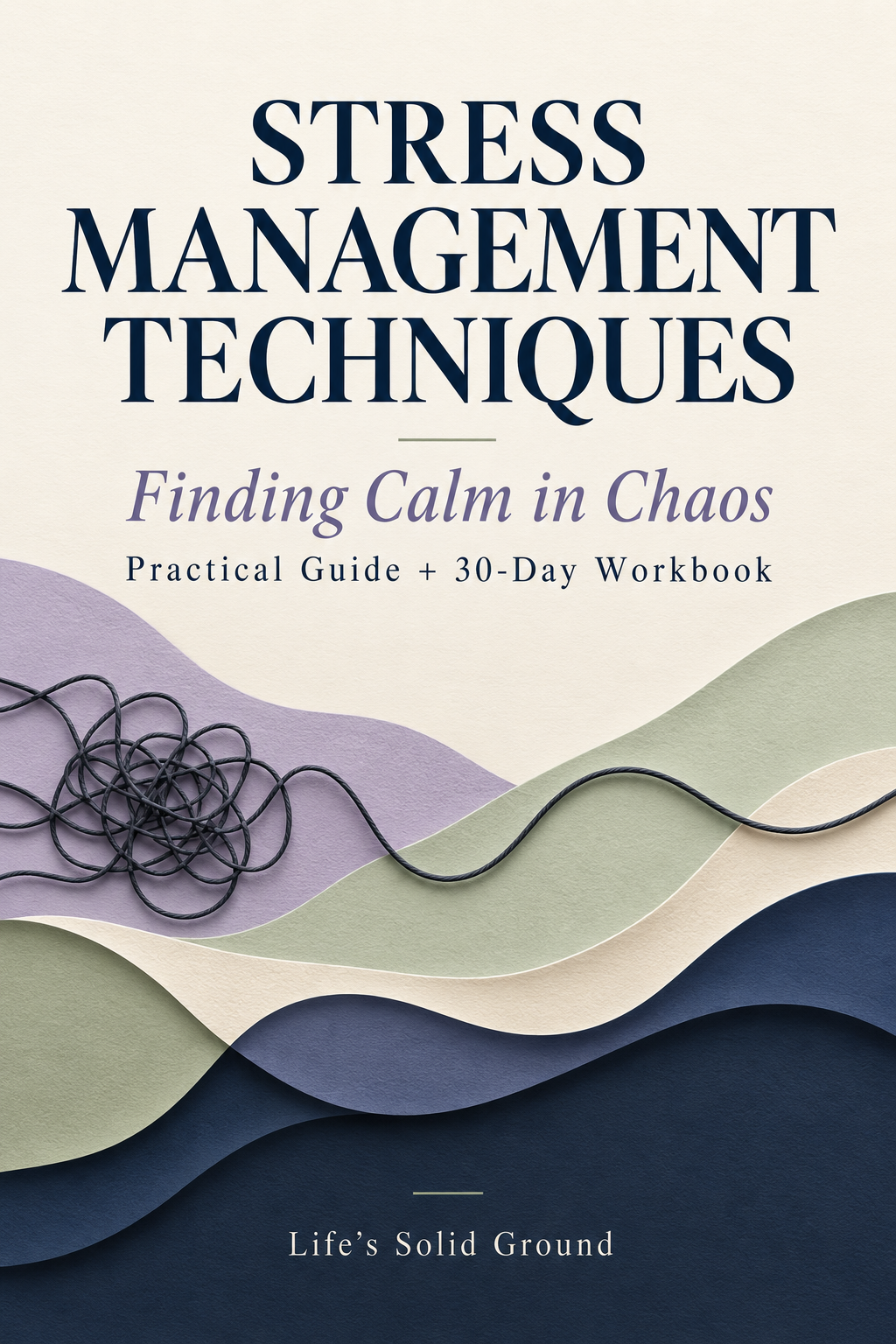 Stress Management Techniques workbook cover by Life’s Solid Ground, with tangled thread becoming a smooth line across lavender, sage, cream, and navy waves.