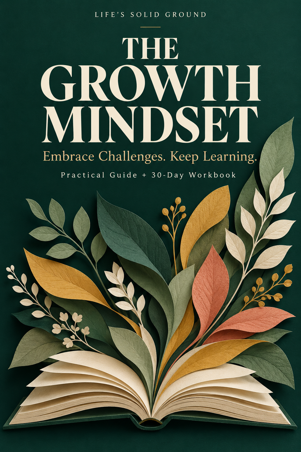 The Growth Mindset workbook cover with ivory lettering and layered sage, mustard, and coral leaves rising from an open book against a deep green background.