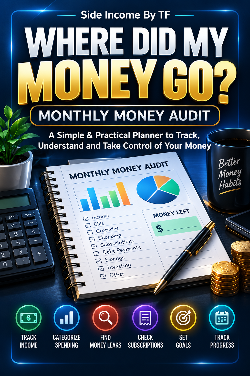 Where Did My Money Go? Monthly Money Audit PDF cover by Side Income By TF, featuring a navy and blue design with a financial tracking worksheet and charts.
