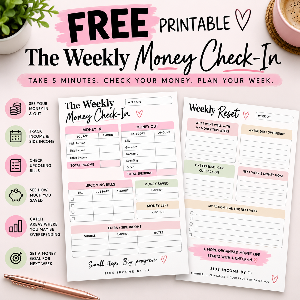 Free Weekly Budget Worksheet and Weekly Money Check-In by Side Income By TF, a printable PDF for reviewing weekly expenses and tracking spending.