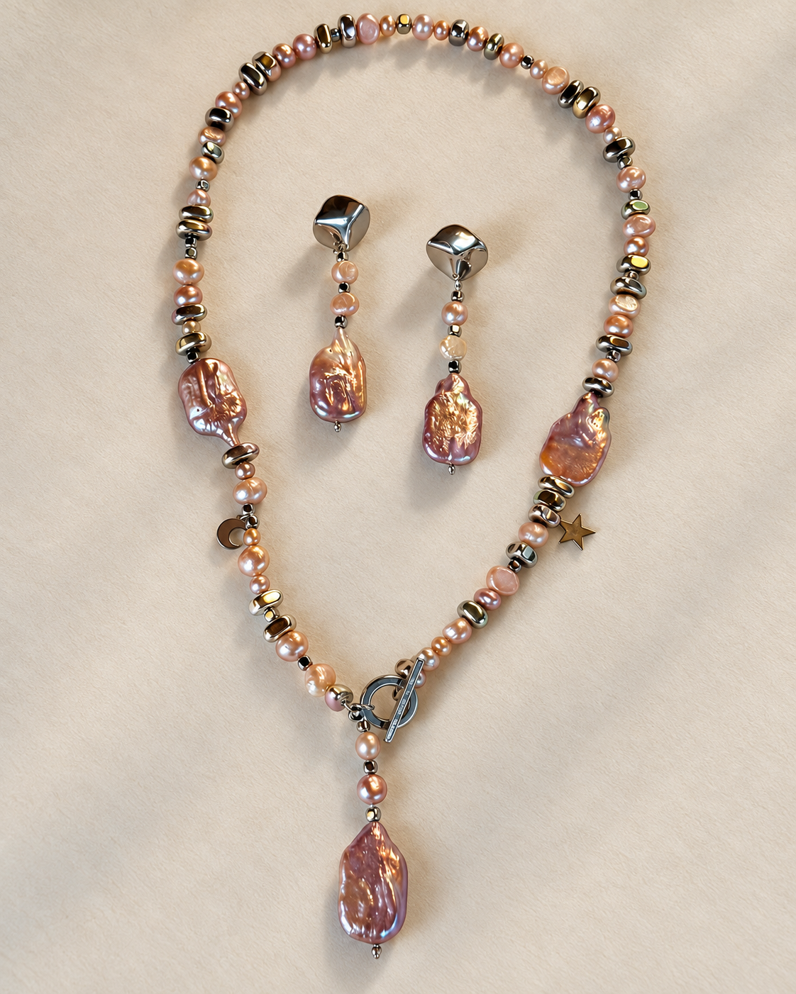 Set collana e orecchini con perle rosa d’acqua dolce e perle barocche naturali