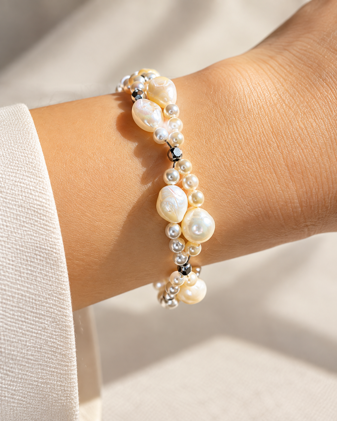 Bracciale con perle bianche e Swarovski indossato al polso