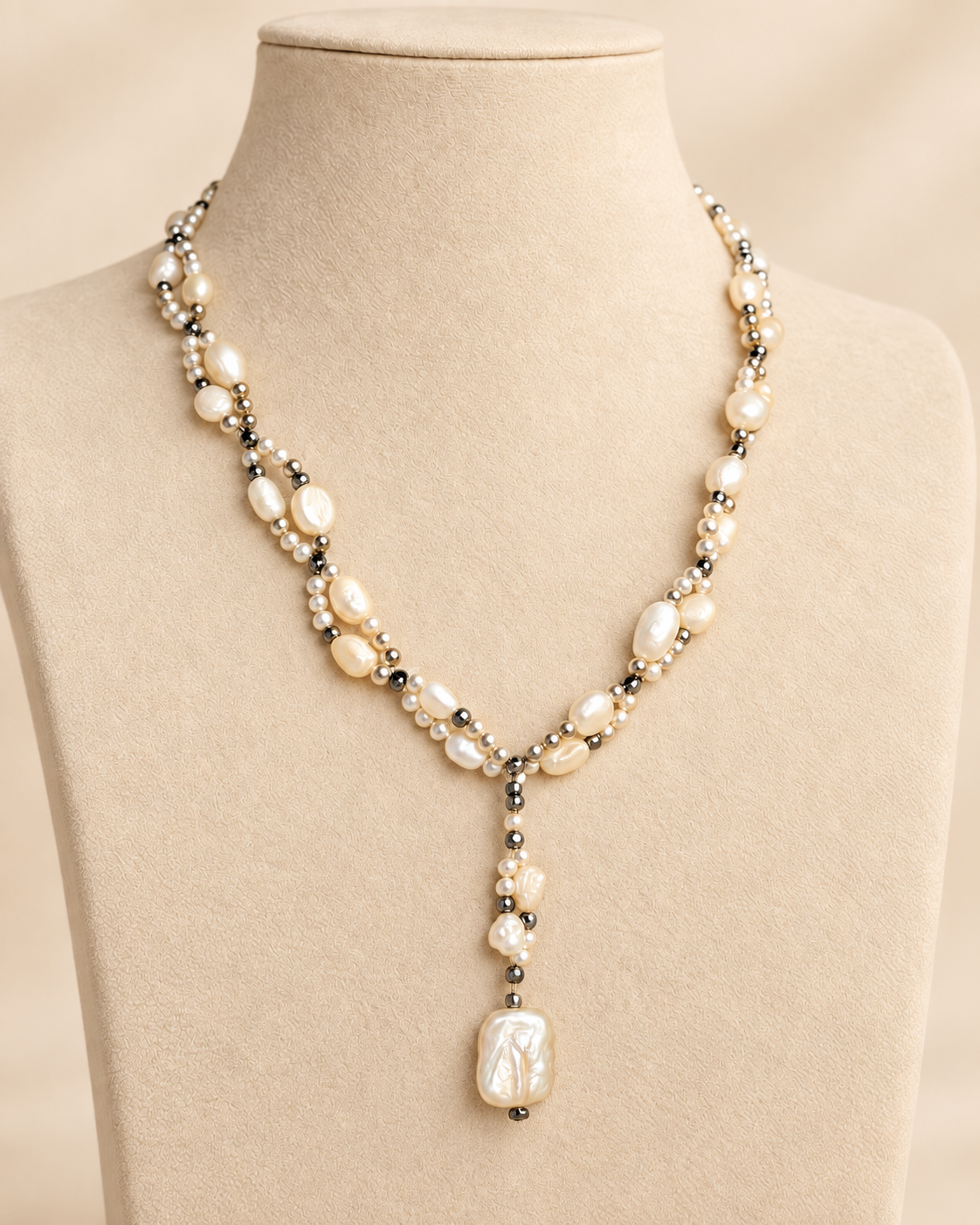 Collana con perle d’acqua dolce bianche Swarovski e pendente con perla barocca artigianale con perle bianche Swarovski e grande perla barocca naturale indossata
