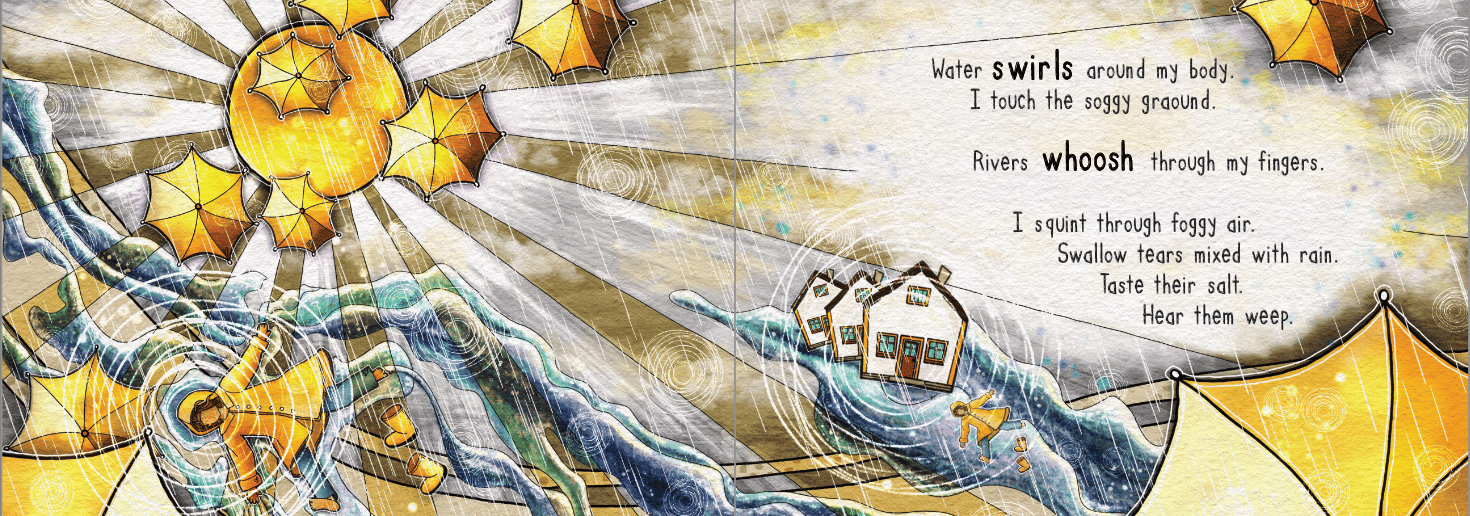 Subscribe section image of swirling rain and umbrellas and some text of the children's book.