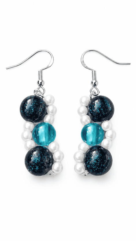 Matching blue and aqua glass drop earrings with white pearl accents and sterling silver fishhook wires