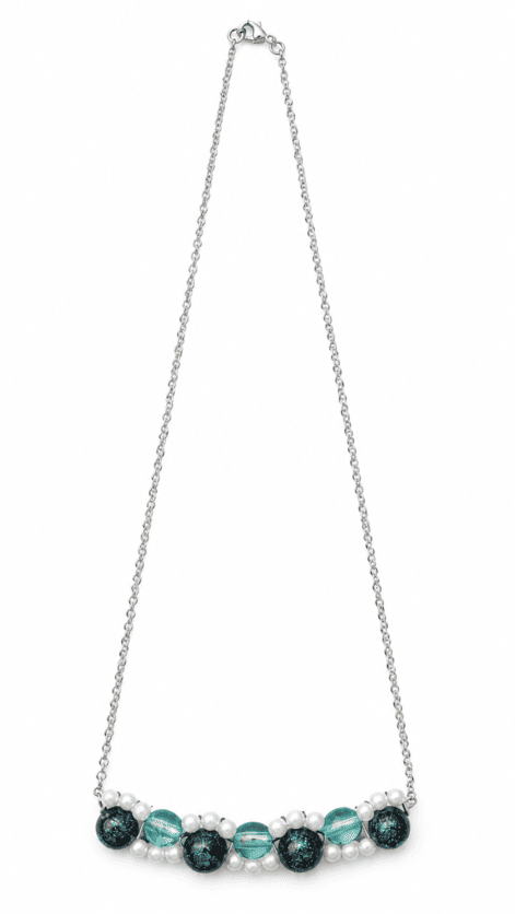 Handmade sterling silver necklace with deep blue, aqua glass and white pearl beads in a curved wave design