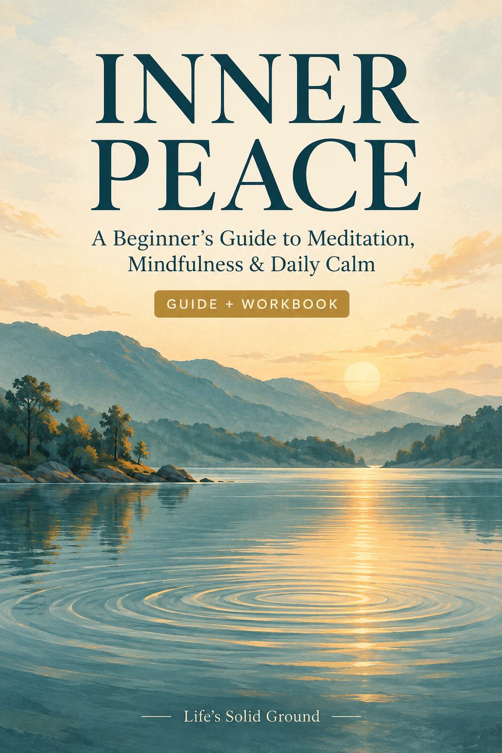 Inner Peace guide and workbook cover with teal mountains, golden sunlight over a quiet lake, and gentle ripples on the water.
