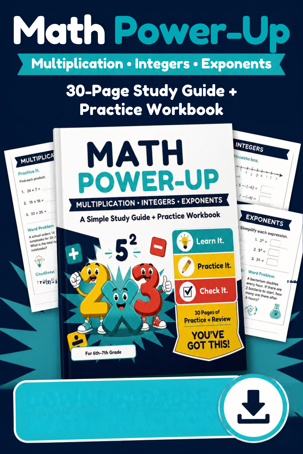 Math Power-Up study guide and practice workbook cover featuring colorful math symbols, cartoon math characters, and the title “A Simple Study Guide + Practice Workbook.”
