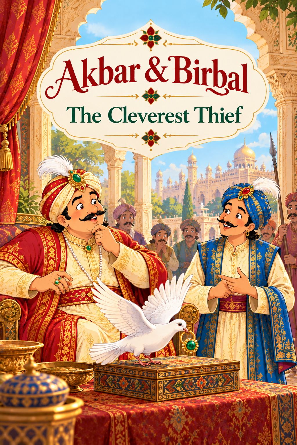 Illustrated cover of “Akbar & Birbal: The Cleverest Thief,” featuring Emperor Akbar and Birbal in a royal palace, with a white pigeon holding a green-jeweled ring in its beak.