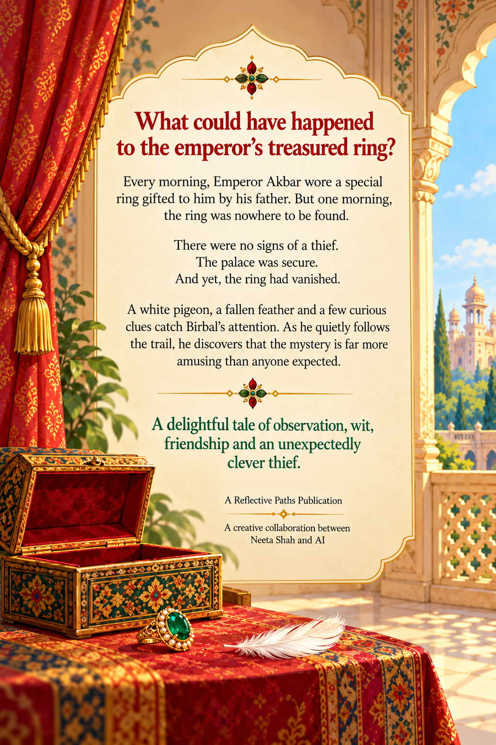 Illustrated back cover of “Akbar & Birbal: The Cleverest Thief,” showing a richly decorated royal chamber with an ornate jewellery box, a missing ring clue and a white feather.