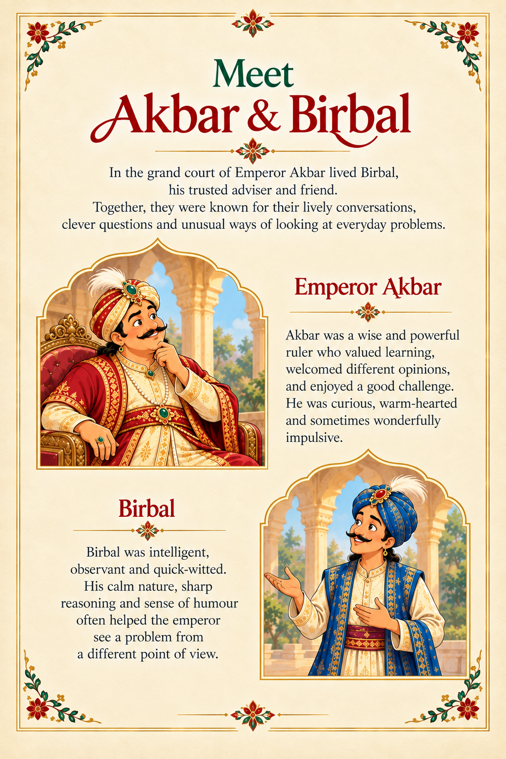 llustrated introduction page featuring Emperor Akbar and Birbal in their royal court, introducing the wise emperor and his trusted, quick-witted adviser and friend.