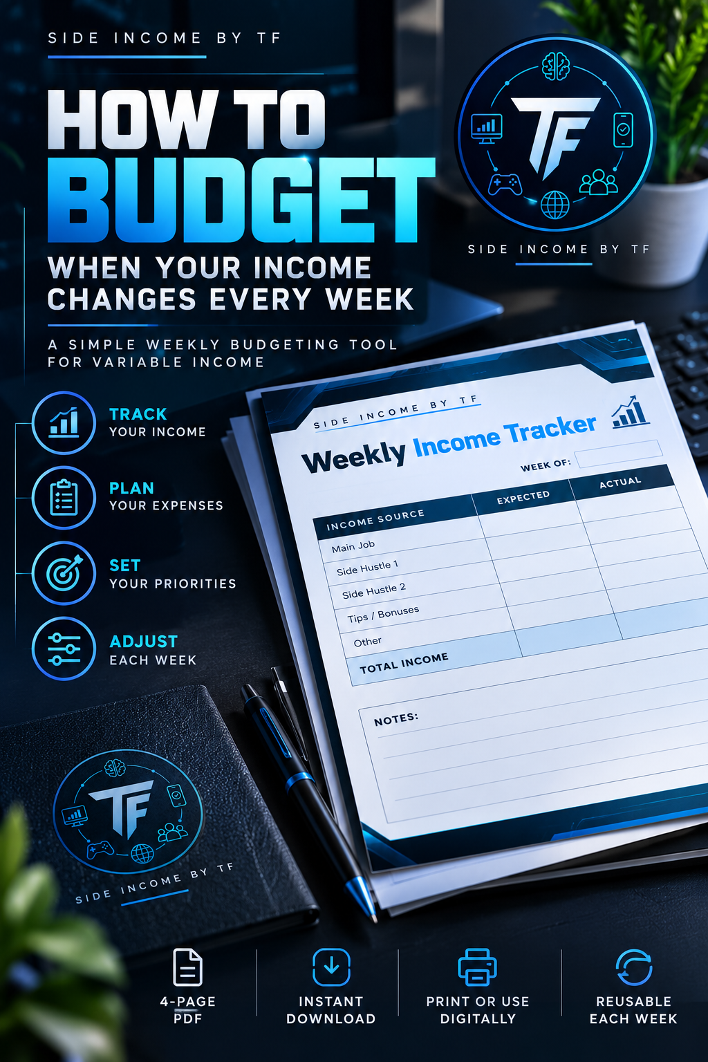 How to Budget With Irregular Income PDF guide by Side Income By TF, featuring a blue budgeting workbook cover for managing variable weekly income.