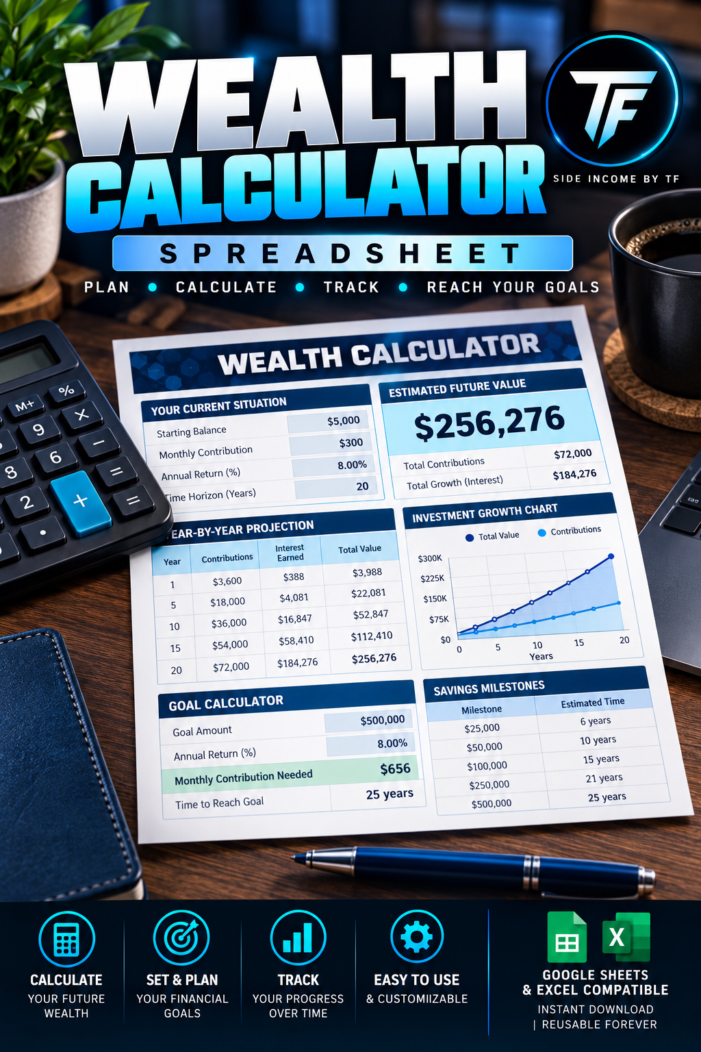 Wealth Calculator Spreadsheet by Side Income By TF, featuring a navy and electric blue cover promoting an Excel net worth and financial growth tracking tool.