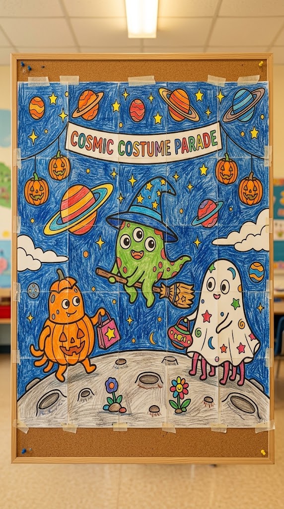 A giant Halloween collaborative poster featuring a space theme with an alien witch, pumpkin, and ghost on a classroom bulletin board.
