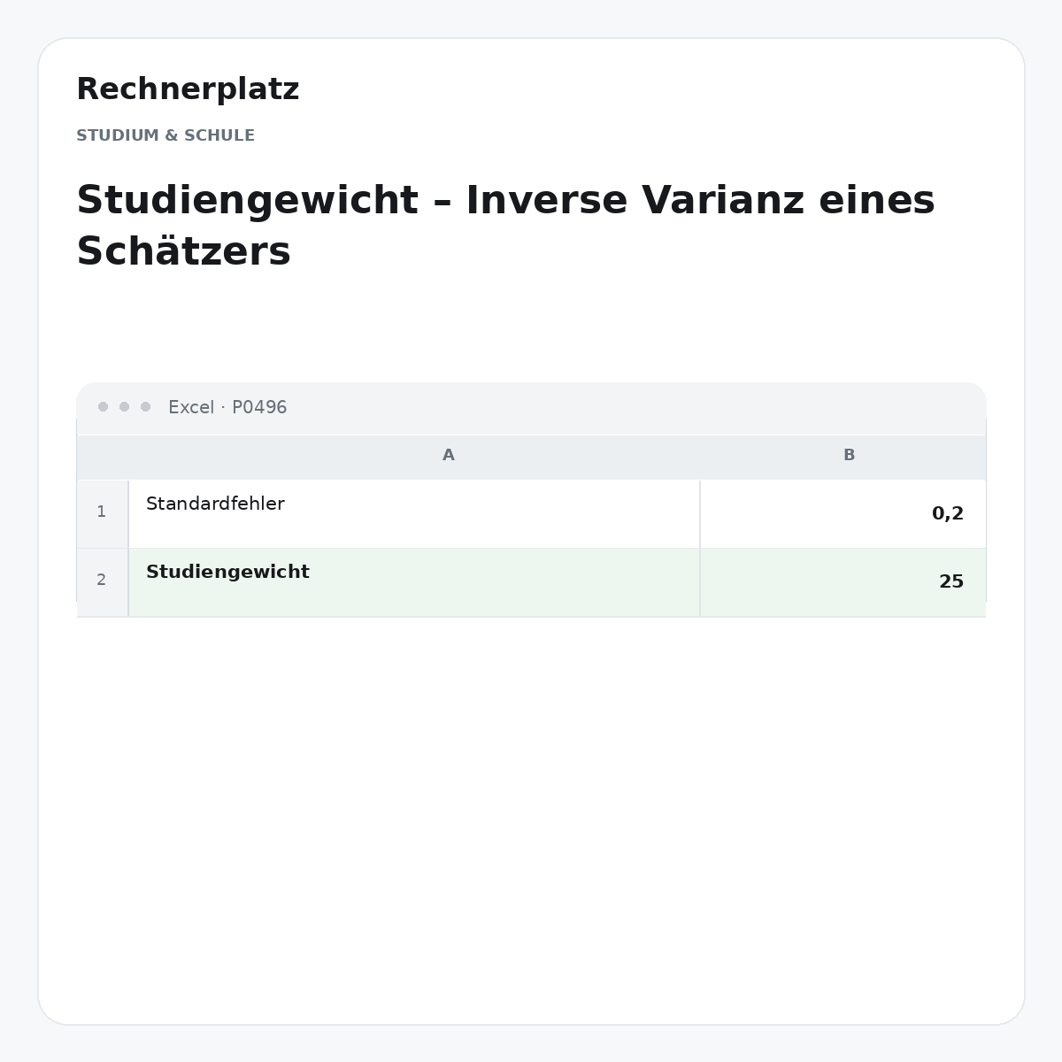 Rechnerplatz – Studiengewicht – Inverse Varianz eines Schätzers, Excel-Übersicht mit Eingaben und Ergebnis.