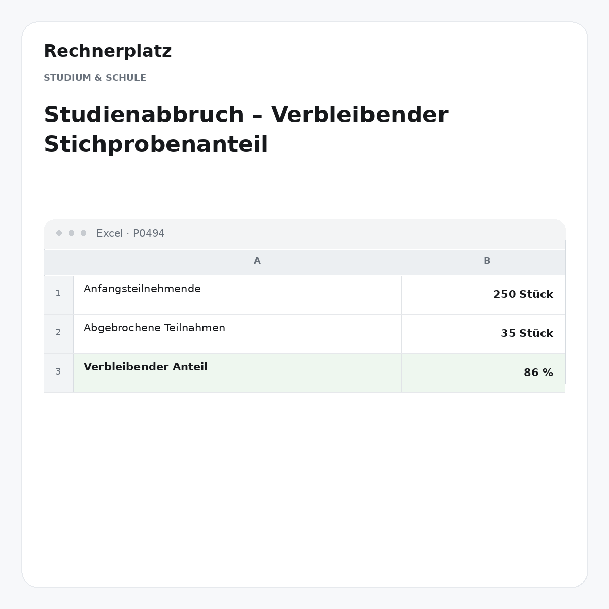 Rechnerplatz – Studienabbruch – Verbleibender Stichprobenanteil, Excel-Übersicht mit Eingaben und Ergebnis.