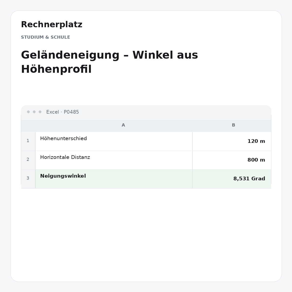 Rechnerplatz – Geländeneigung – Winkel aus Höhenprofil, Excel-Übersicht mit Eingaben und Ergebnis.