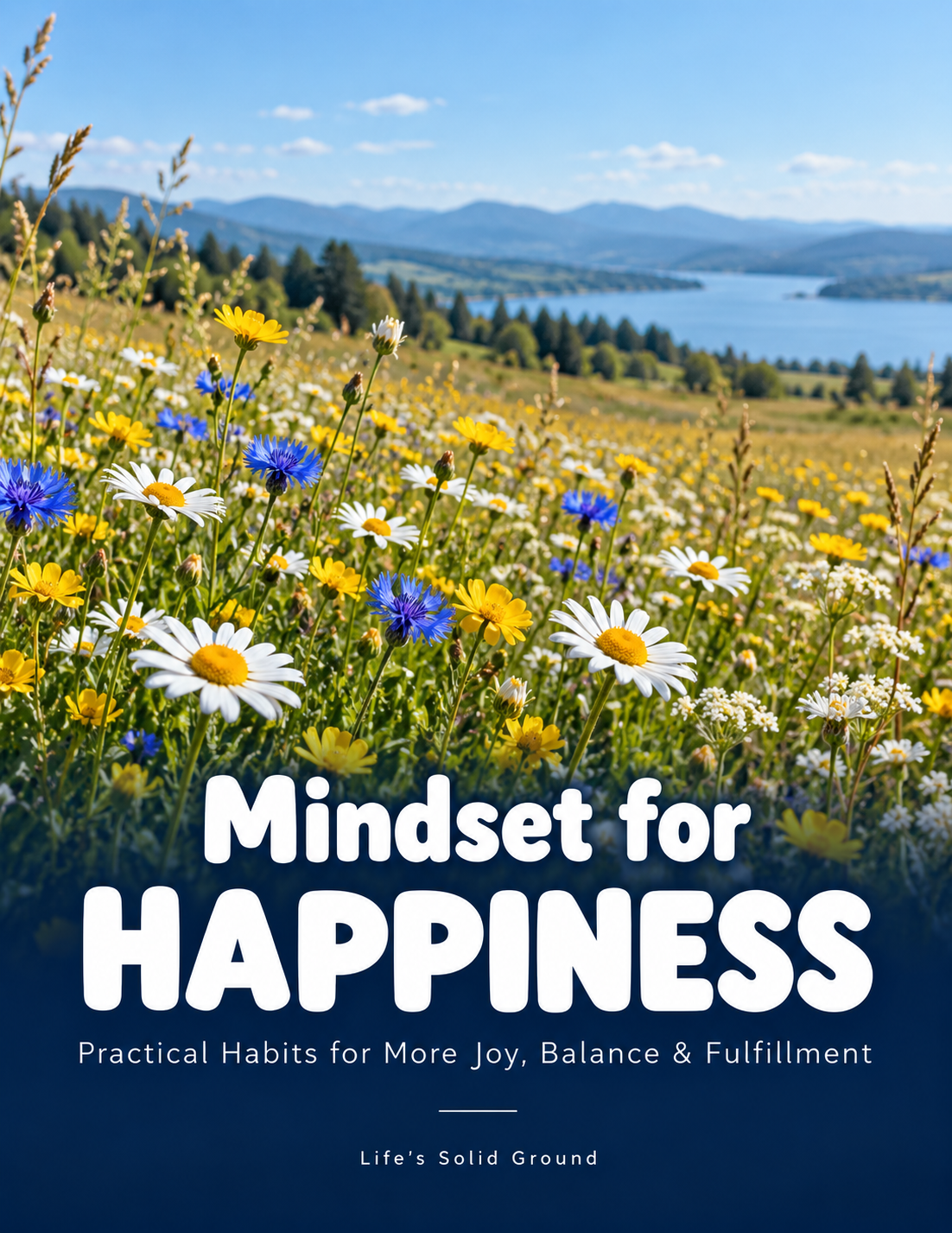 Mindset for Happiness cover with yellow and white wildflowers, blue cornflowers, a lake and distant hills, with white lettering over a navy lower section.