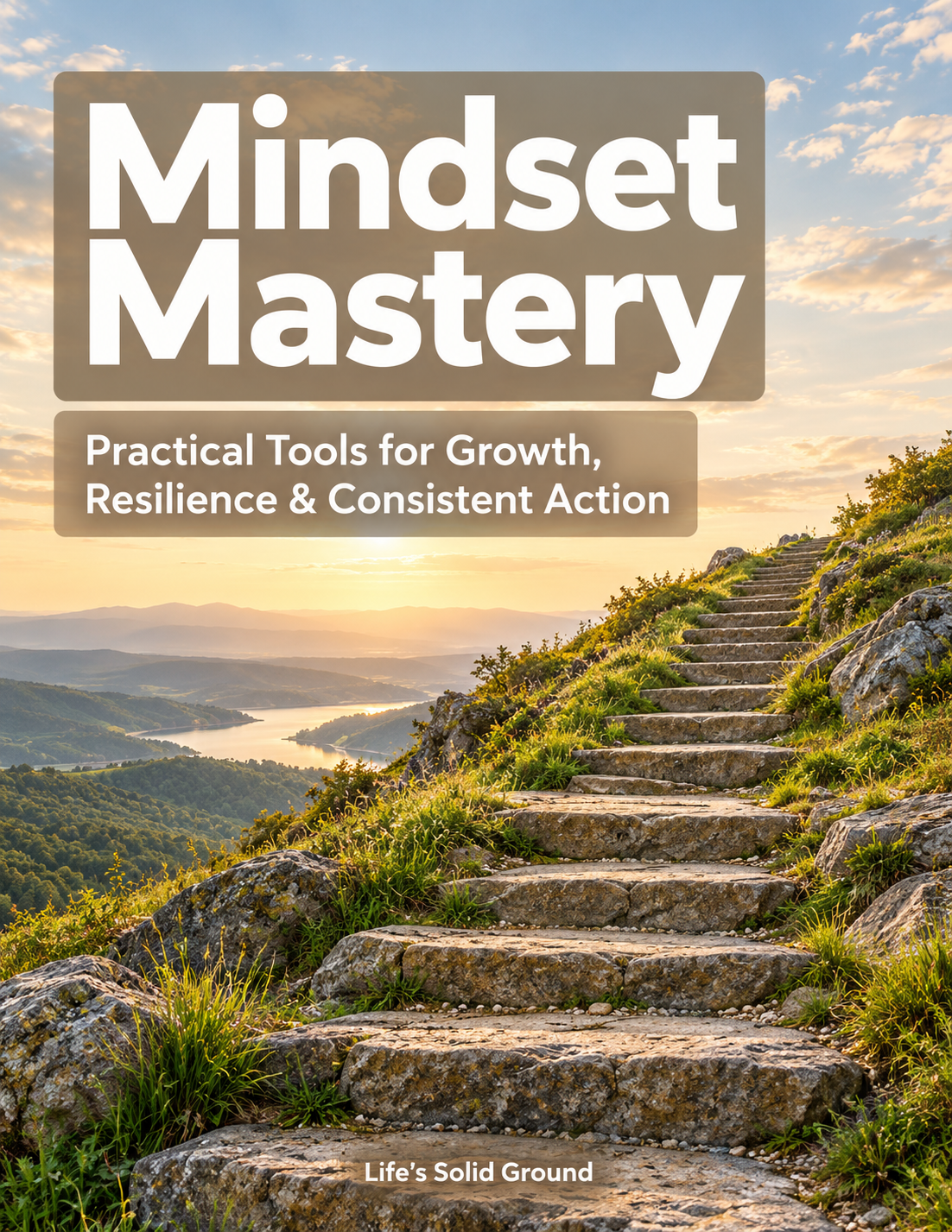 Mindset Mastery cover with a stone staircase rising through a green hillside under a softly lit golden sky, with bold white title lettering on taupe panels.