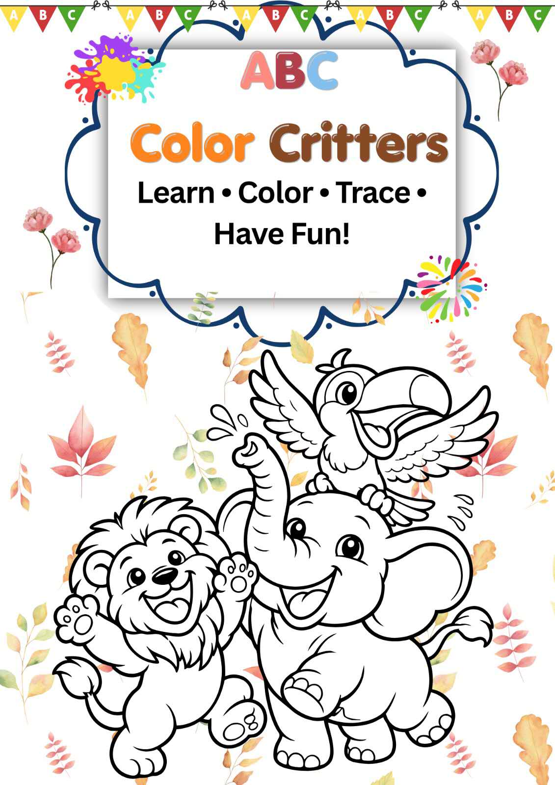 Printable preschool alphabet activity pages featuring animal illustrations for letters A through F.