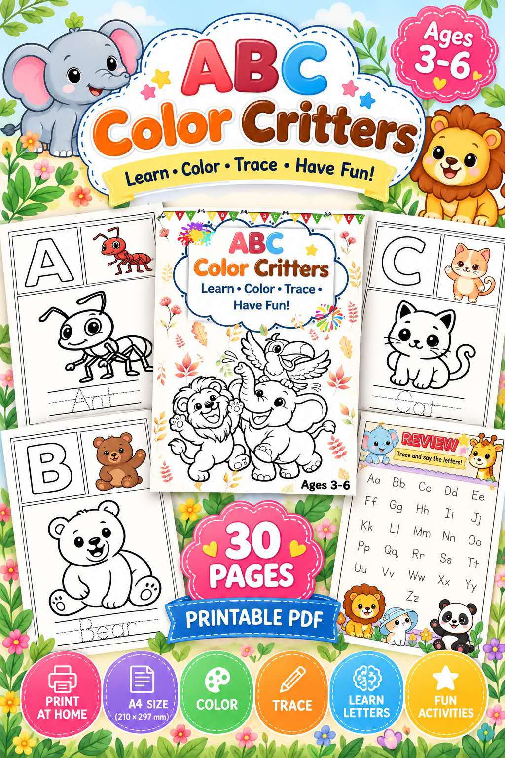 Printable preschool alphabet activity pages featuring animal illustrations for letters A through F.