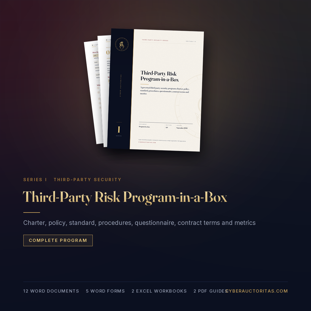 Third-Party Risk Program-in-a-Box: cover and sample pages of the guide, Cyber Auctoritas Third-Party Security series