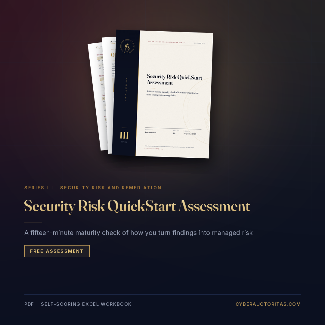 Security Risk QuickStart Assessment: cover and sample pages of the guide, Cyber Auctoritas Security Risk and Remediation series
