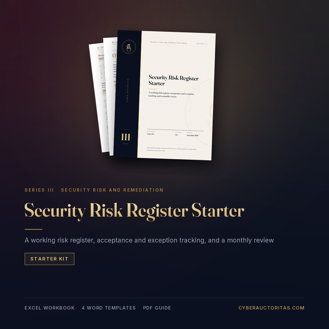 Security Risk Register Starter, Cyber Auctoritas Security Risk and Remediation series, square product image